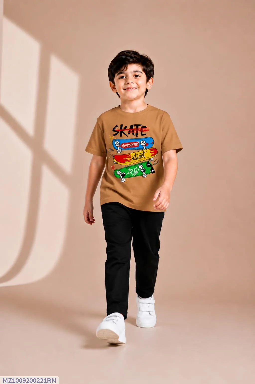 Kids Printed Track Suit Brown T-Shirt + Black Trousers