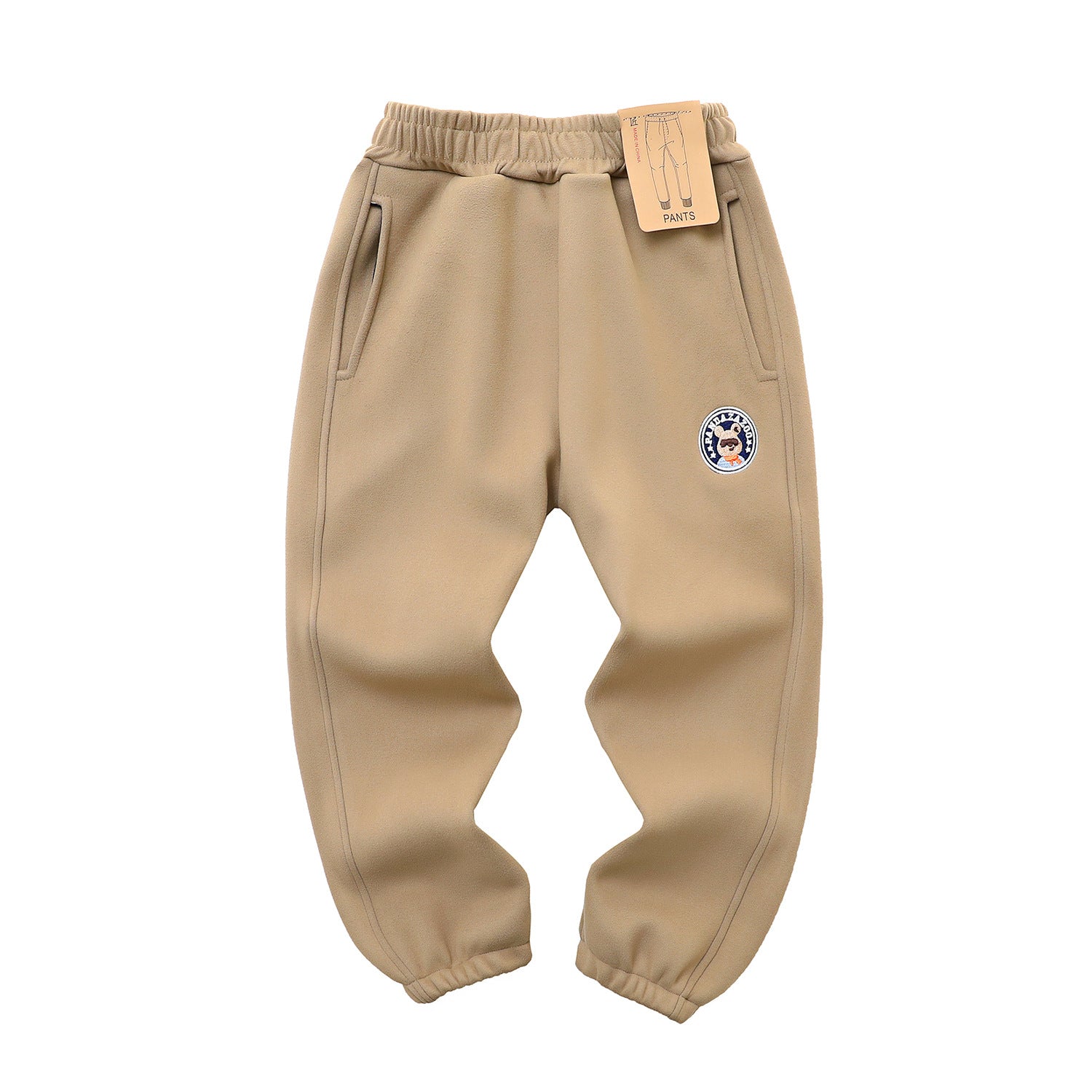 Kids Windproof Velvet Pants Navy Blue with Panda Patch