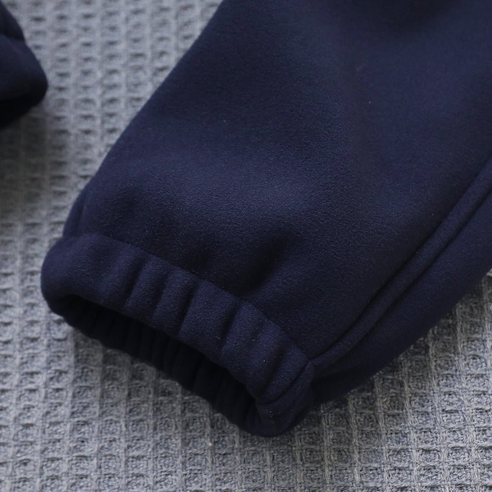 Kids Windproof Velvet Pants Navy Blue with Panda Patch