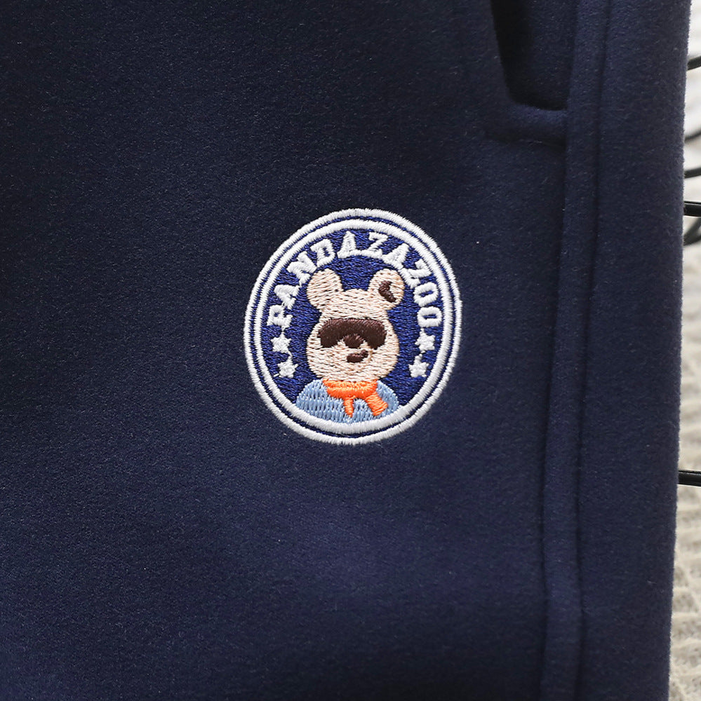 Kids Windproof Velvet Pants Navy Blue with Panda Patch