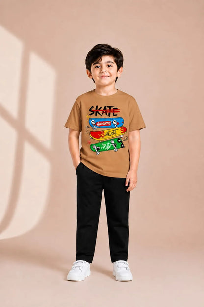 Kids Printed Track Suit Brown T-Shirt + Black Trousers