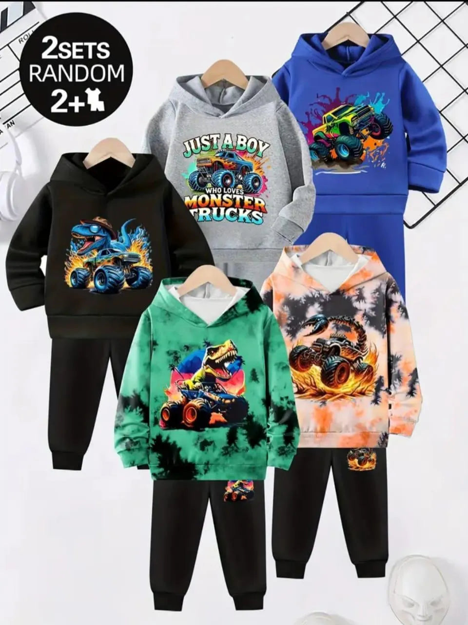 2 Sets Fleece Tracksuit for Boys Monster Truck Dinosaur Print