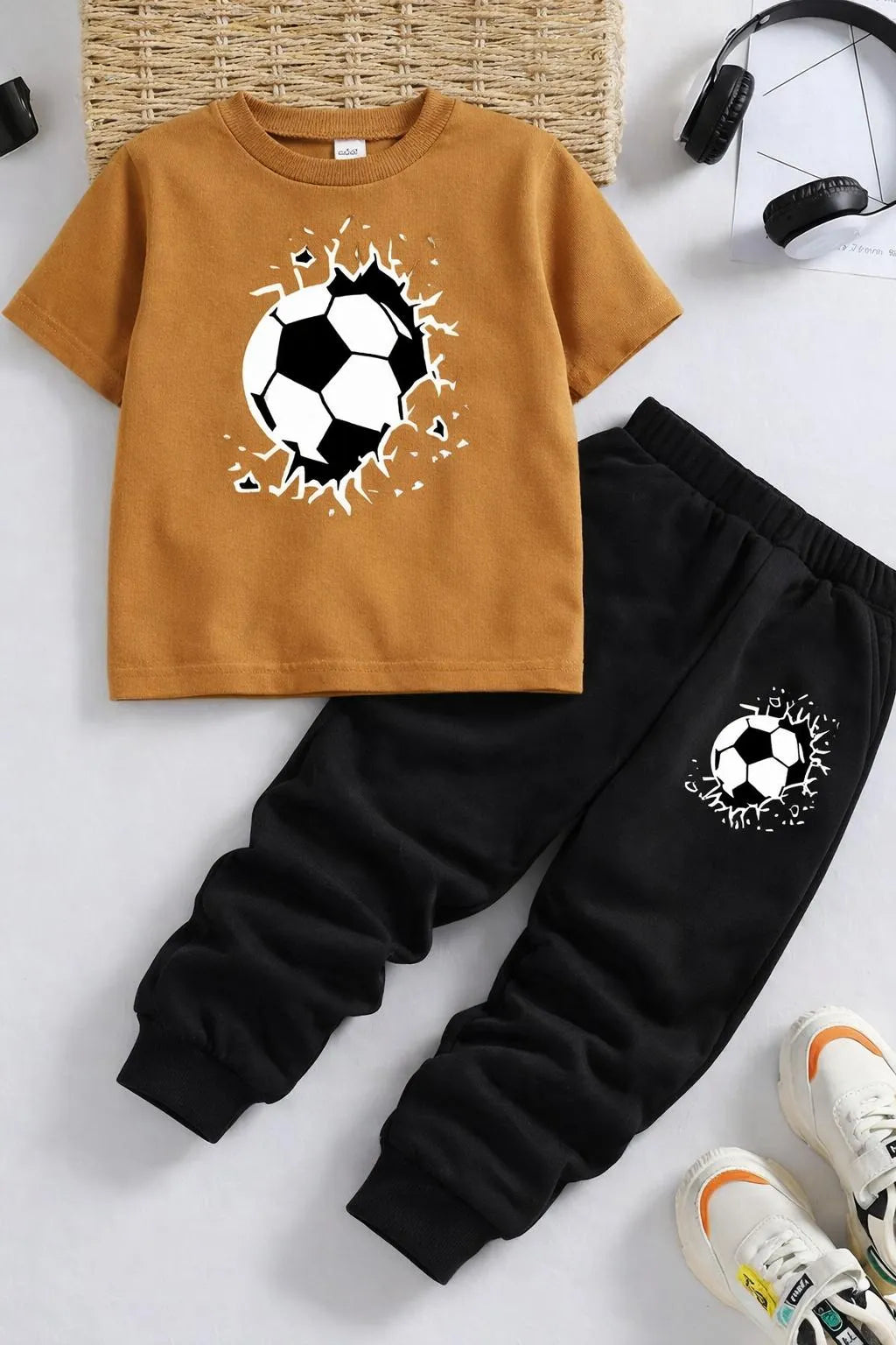 Kids Soccer Ball Print Tracksuit Brown Black 1-12Y