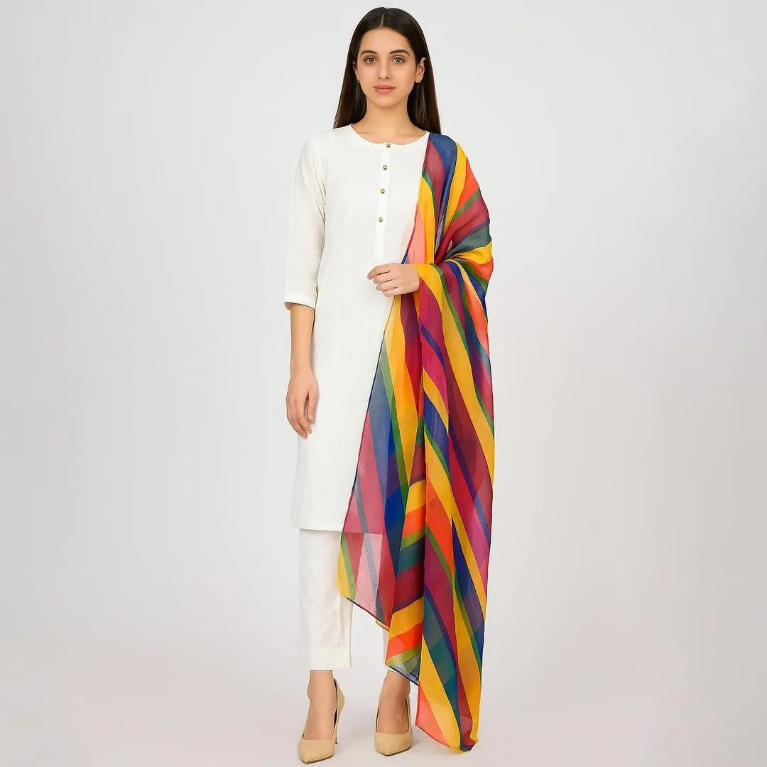 White Katan Silk 3-Piece Suit with Vibrant Organza Dupatta