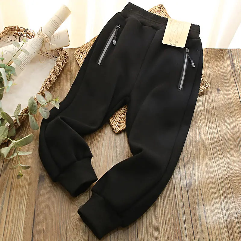 Boys Velvet Zipper Pants Navy Blue Winter Warm Slim Fit