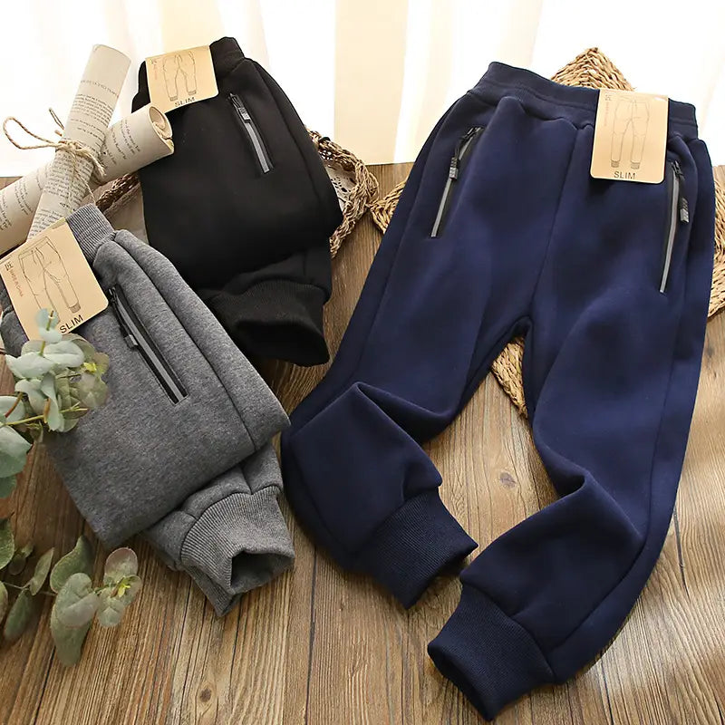 Boys Velvet Zipper Pants Navy Blue Slim Fit Winter Warm