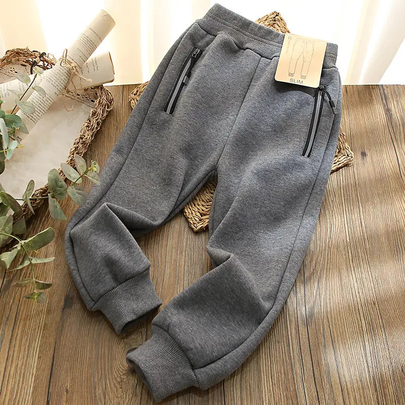 Boys Velvet Zipper Pants Navy Blue Slim Fit Winter Warm