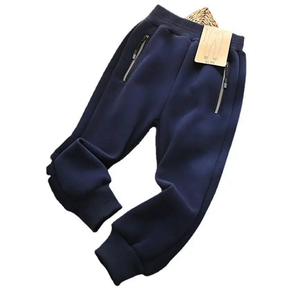 Boys Velvet Zipper Pants Navy Blue Slim Fit Winter Warm