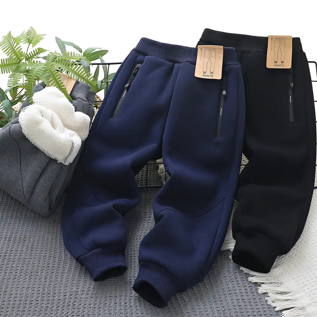 Kids Fleece Pants Navy Black Zipper Pockets Winter Warm