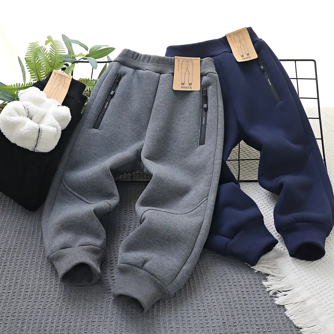Kids Fleece Pants Navy Black Zipper Pockets Winter Warm