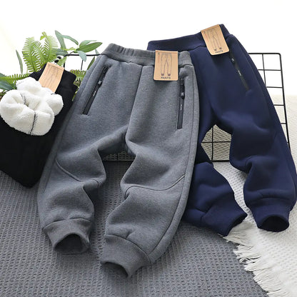 Kids Fleece Pants Navy Black Zipper Pockets Winter Warm