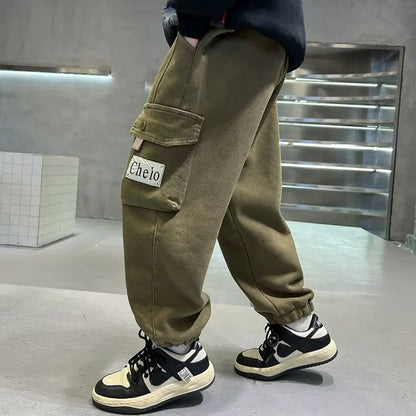 Green Cargo Pants for Kids Spring Autumn Casual Wear