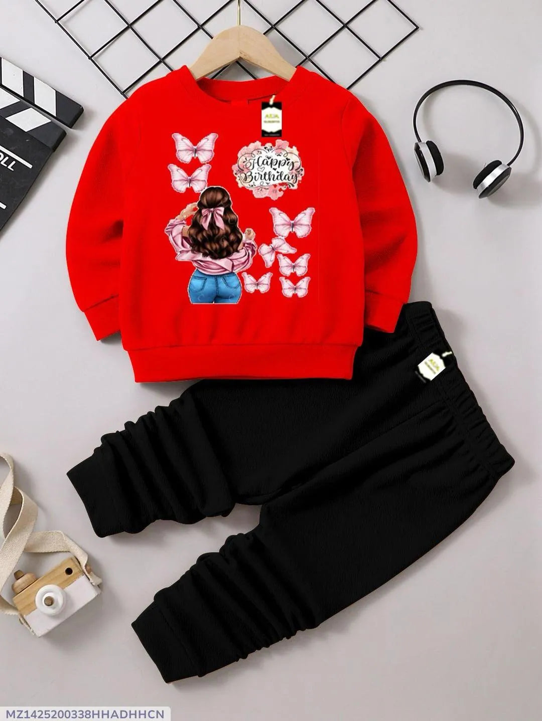 Girls Fleece Printed Tracksuit Red Black 3-4Yrs