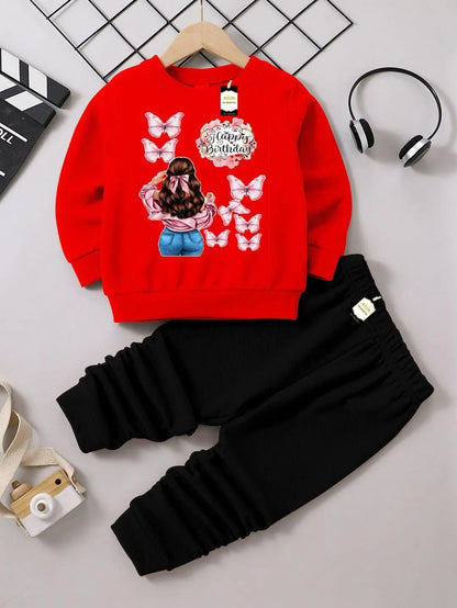 Girls Fleece Printed Tracksuit Red Black 3-4Yrs
