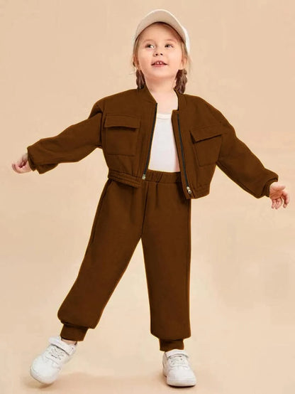 Kids Brown Fleece Jacket &amp; Trouser Set 2Pcs