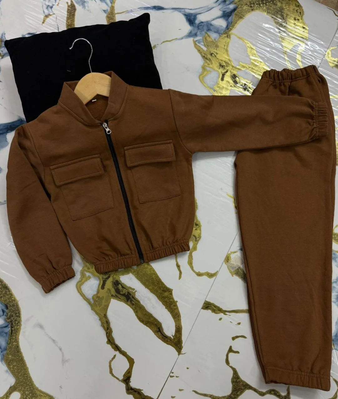 Kids Brown Fleece Jacket &amp; Trouser Set 2Pcs
