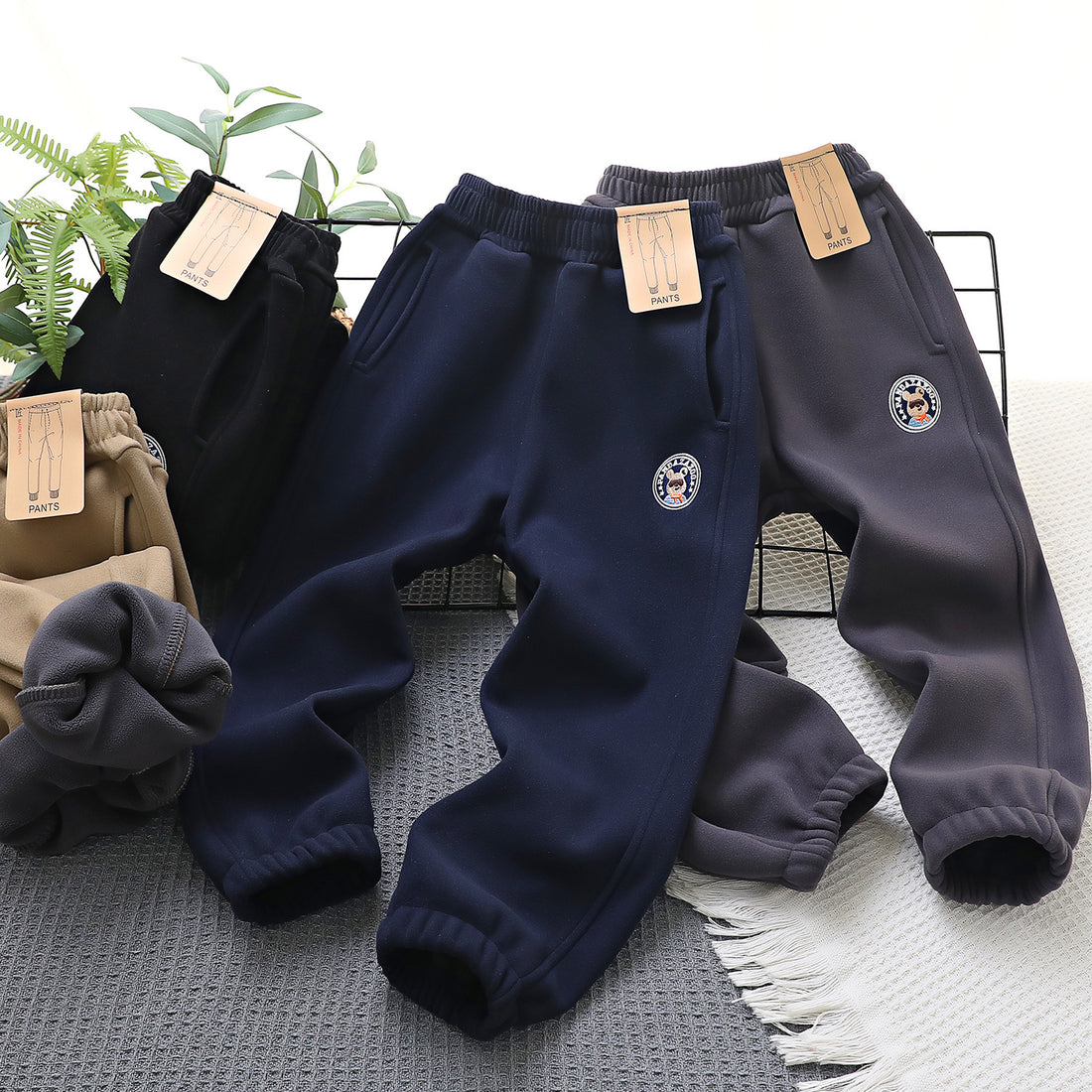 Kids Windproof Velvet Pants Navy Blue with Panda Patch