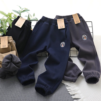 Kids Windproof Velvet Pants Navy Blue with Panda Patch