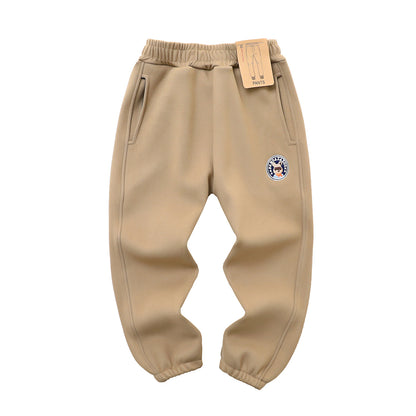Kids Windproof Velvet Pants Navy Blue with Panda Patch
