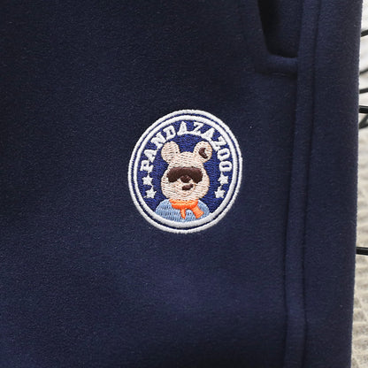 Kids Windproof Velvet Pants Navy Blue with Panda Patch