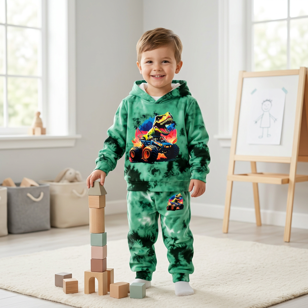 2 Sets Fleece Tracksuit for Boys Monster Truck Dinosaur Print